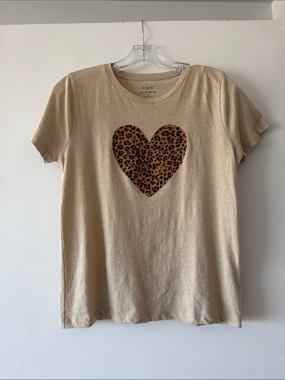 J. Crew Collector Tee Small Leopard Cheetah Print Heart Graphic T-Shirt Tan S